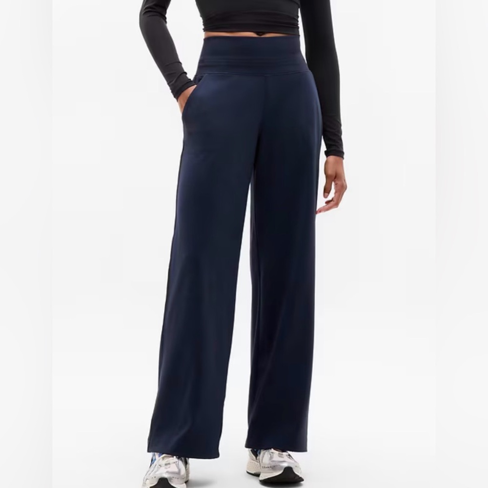 Athleta Venice High Rise Track Stripe Wide Leg Pant Navy Blue Black Pants XL